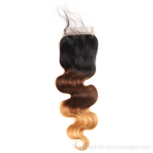 Three Tone Body Wave Ombre Brazilian Human Hair 4 Bundles Weave Wet and Wavy with Closure